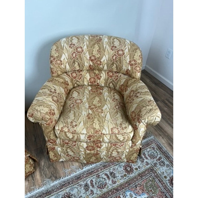 Custom upholstered vintage club chairs with floral patterned fabric