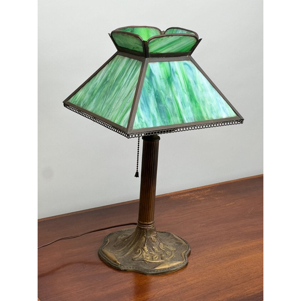 Antique Arts and Crafts Green Slag Glass Lamp c. 1920s