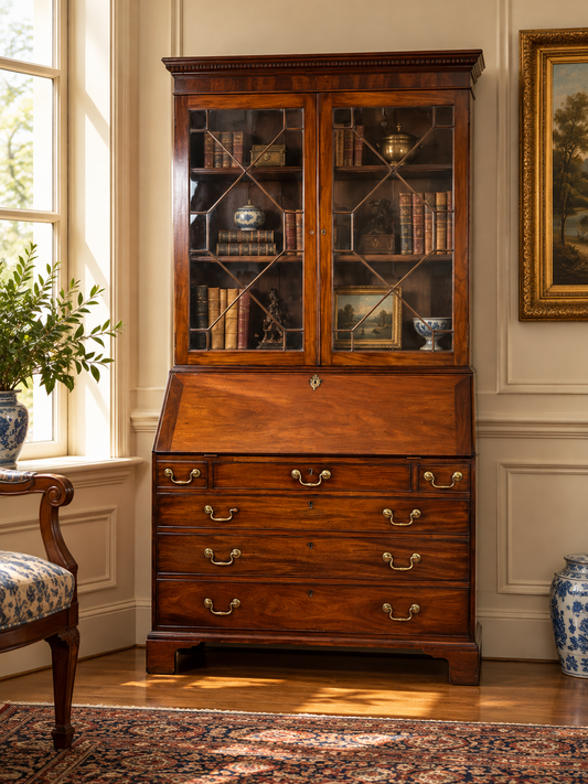 Antique George III Secretary with Bookcase c. Late 18th Century by Pearl City Antiques: a mahogany desk with a glass-fronted bookcase, brass pulls, and interior shelves filled with books and small decorative objects.