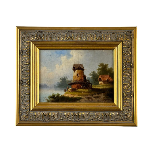 Antique Continental School oil on canvas landscape, “Brüguer” (c. 1880-1910), depicts a windmill by a lakeshore with greenery and a small building beneath cloudy skies in an ornate gold floral frame, evoking romantic countryside scenes.