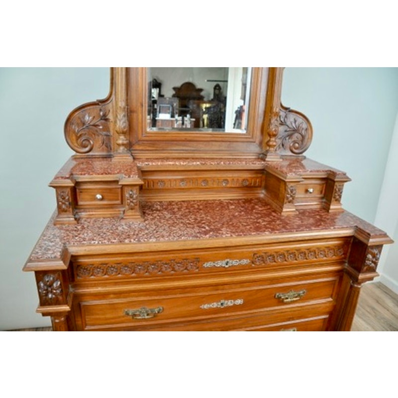 Antique French Napoleon III Four Drawer Dresser with Mirror c. Late 19th Century