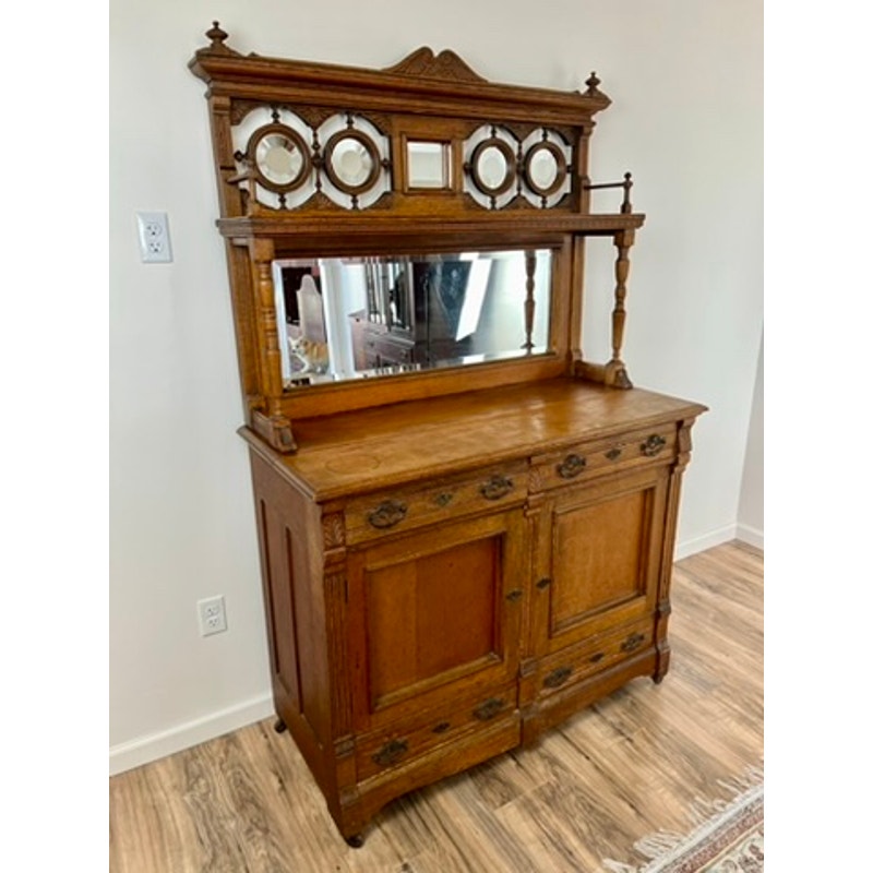 Antique Late Victorian Oak Buffet Server with Great Mirrored Back c. 1910