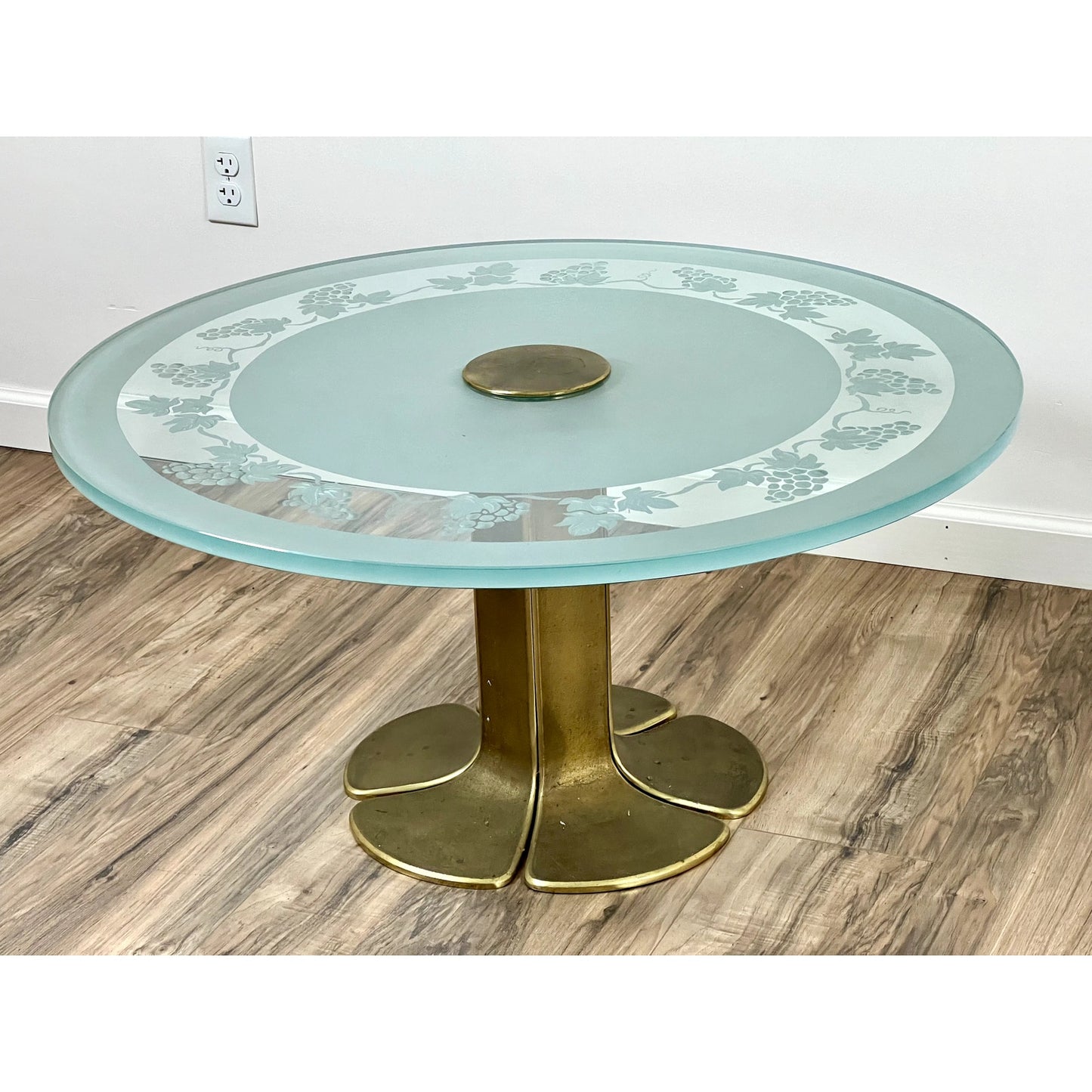 Vintage Etched Glass and Brass Coffee Table with Stylized Flower Petal Base