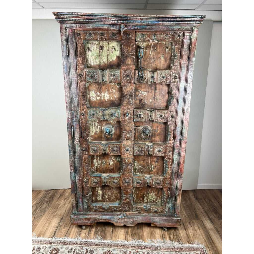 Repurposed Antique Indian Carved Door Armoire