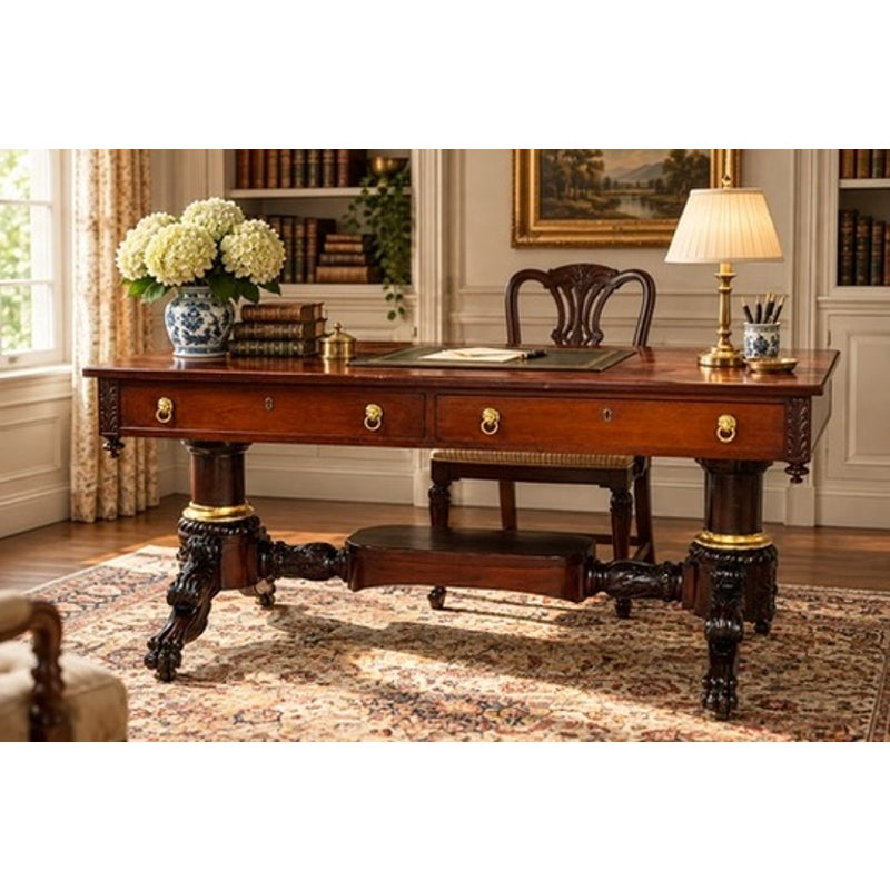 New York Classical Revival Carved Mahogany Double-Pedestal Library Table by Ernest F. Hagen, featuring a dark mahogany finish, green leather top, gold-toned hardware, and ornate carved columns.