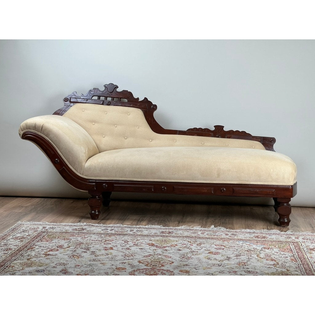 	19th century Victorian fainting couch carved walnut frame