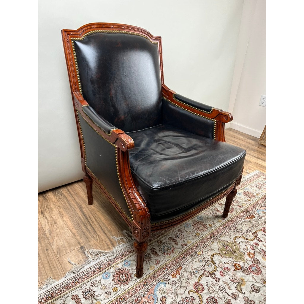 Vintage Louis XVI Style Leather Bergere Chair by Pennsylvania House