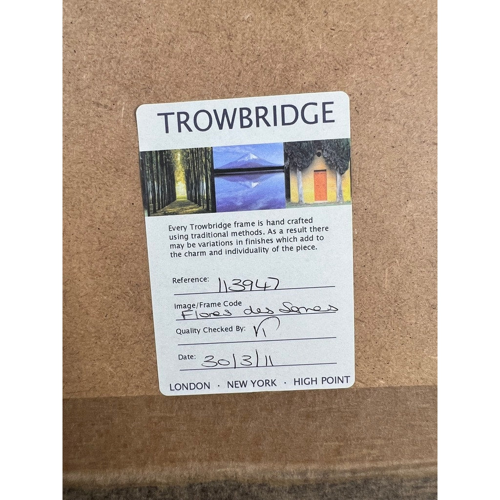 A Trowbridge label on wood accompanies the “Cosmanthus grandiflorus” vintage botanical print after Louis van Houtte, with handwritten code, quality mark, 30/3/11 date, and notes on handcrafted frames and finish variations.