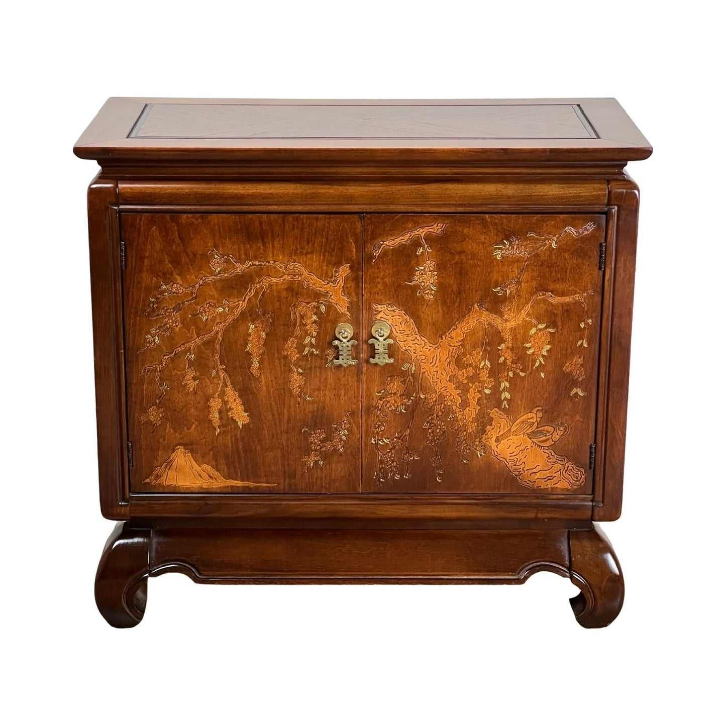 Vintage Broyhill Walnut Parquetry Asian Console Cabinet