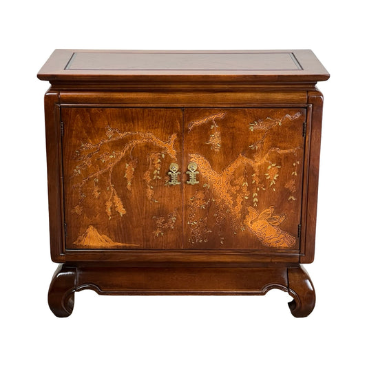 Vintage Broyhill Walnut Parquetry Asian Console Cabinet