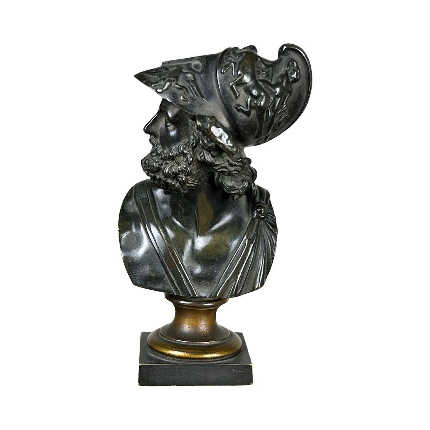 Antique Small Bronze Bust of King Menelaus (late 19th century), depicting a bearded man in an ornate helmet and toga, turned slightly left and mounted on a square base. Brand: Unknown.