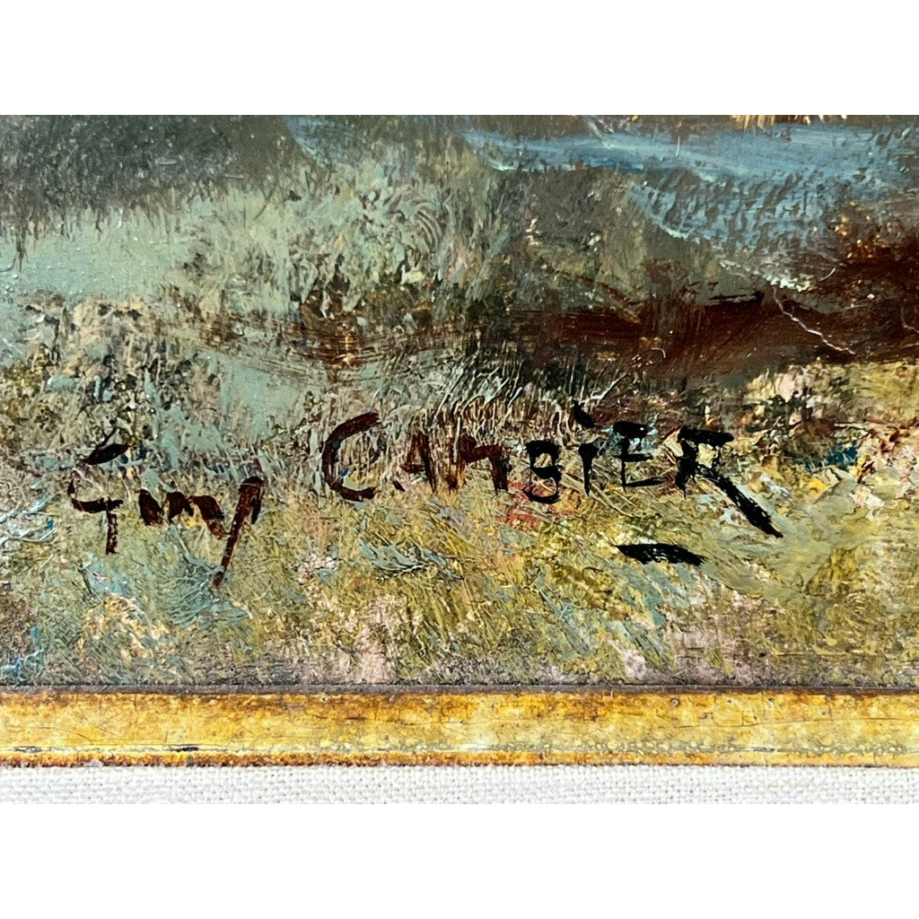 Close-up of a Vintage Guy Cambier Belgian Romantic Landscape Oil Painting with Horsemen (c. 1960–1980), featuring his black signature on a textured background of earthy tones reminiscent of the Barbizon style.