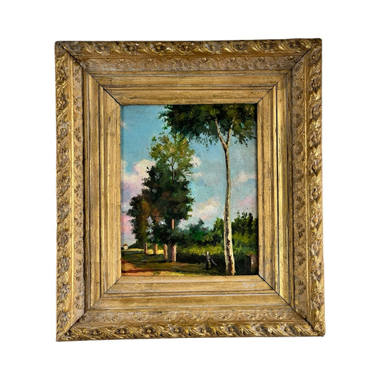 Antique Continental School oil on board painting, “Sunny Tree Lined Path” (unsigned, early 20th c.), depicting tall trees beneath a blue sky. Set in an ornate giltwood frame, this artwork beautifully captures a tranquil landscape scene. Brand unknown.