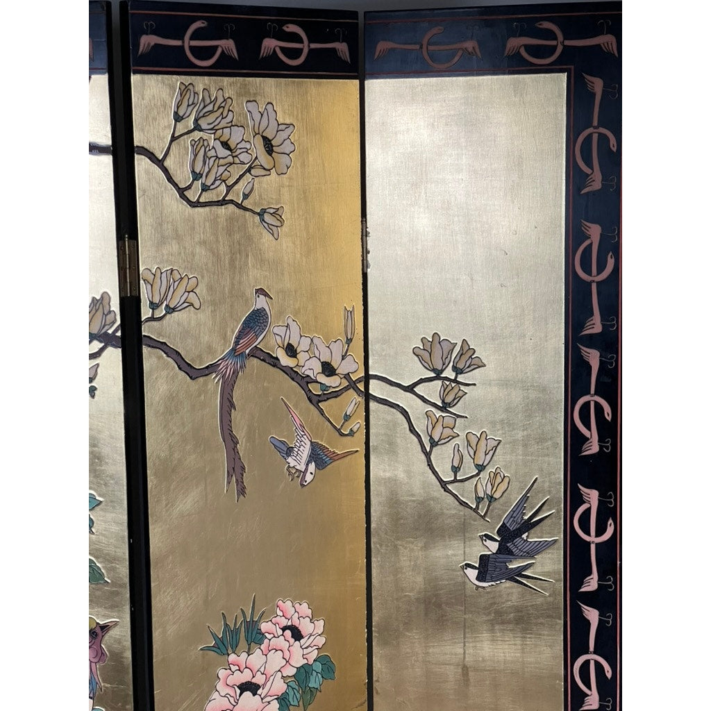 The Vintage Asian Black Lacquer Coromandel Room Screen features birds among blossoming branches with a gold background and a black border accented by a pink ribbon pattern, capturing the refined style of Chinese decorative arts.
