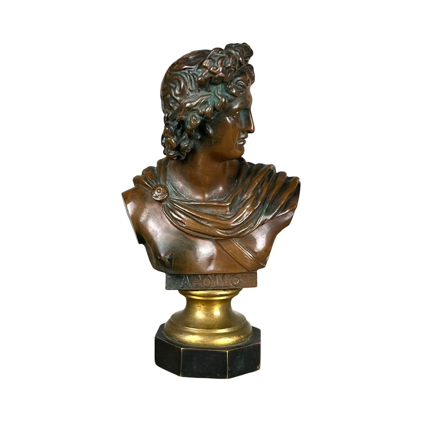 Antique small bronze of “the Apollo Belvedere” with Vienna foundry mark; features a classical male figure on a gold and black pedestal labeled APOLLO, reminiscent of neoclassical sculpture. Brand is unknown.