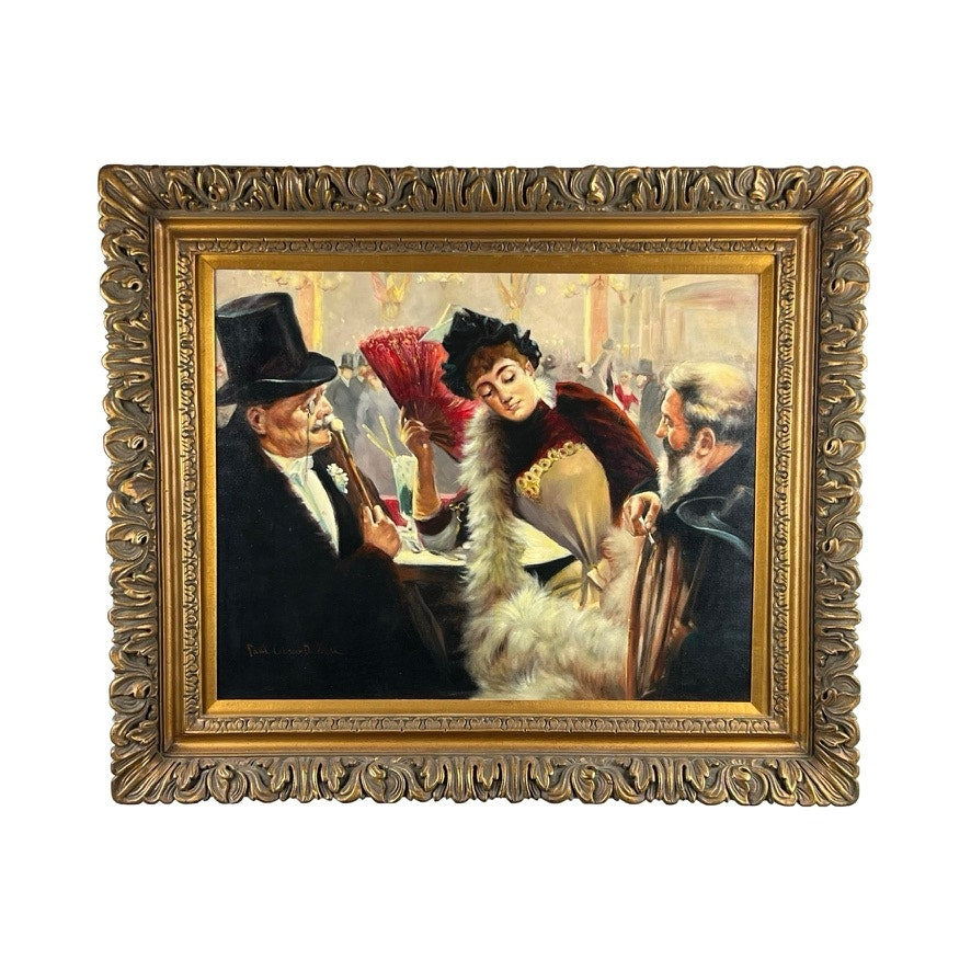 A framed oil on canvas, "Visiting the Moulin Rouge" (after Paul Cesar Helleu), spuriously signed lower left, showcases a vibrant Belle Époque social scene. The ornate gold frame enhances the lively and detailed artwork.