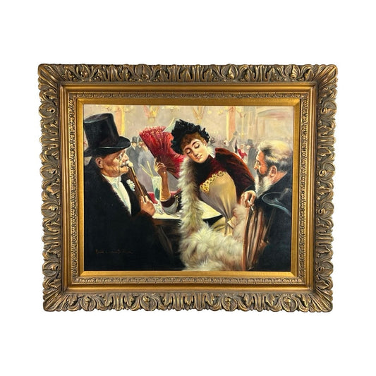 A framed oil on canvas, "Visiting the Moulin Rouge" (after Paul Cesar Helleu), spuriously signed lower left, showcases a vibrant Belle Époque social scene. The ornate gold frame enhances the lively and detailed artwork.