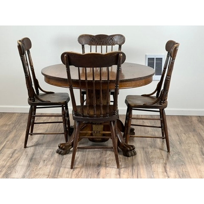 Antique Solid Oak Paw Foot Kitchen Table with Four Chairs c. 1900