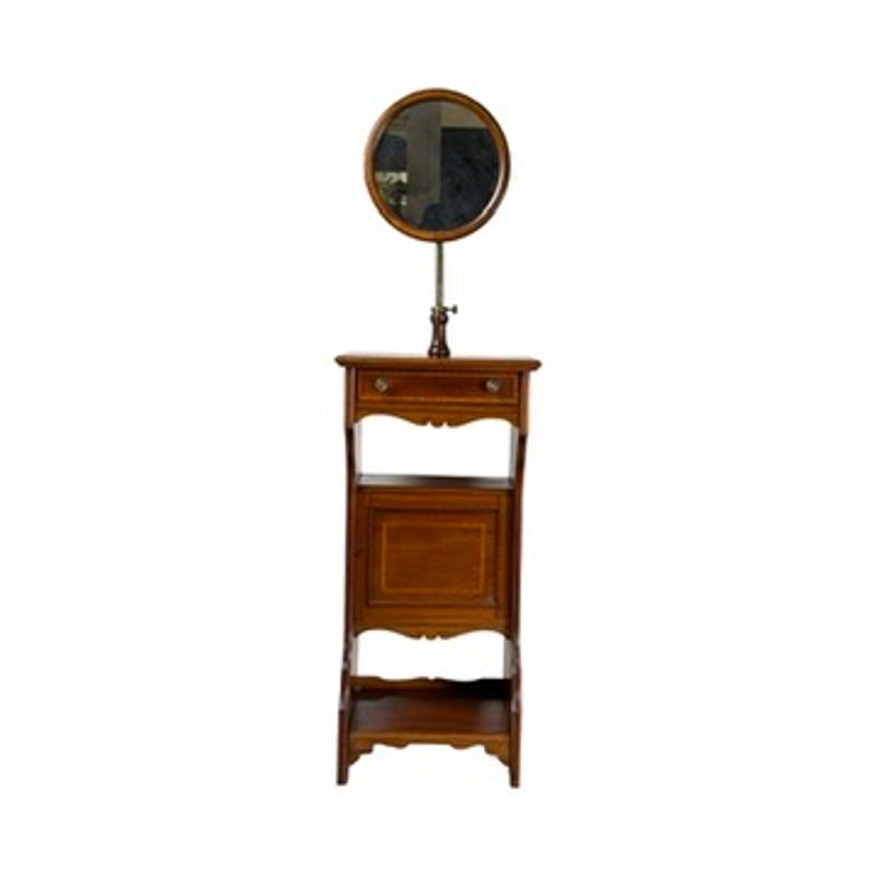 Antique English Mahogany Inlaid Shaving Stand with Adjustable Mirror, c. 1880–1900, featuring a central drawer, a cabinet door, an open bottom shelf, and an adjustable round mirror mounted to the top.