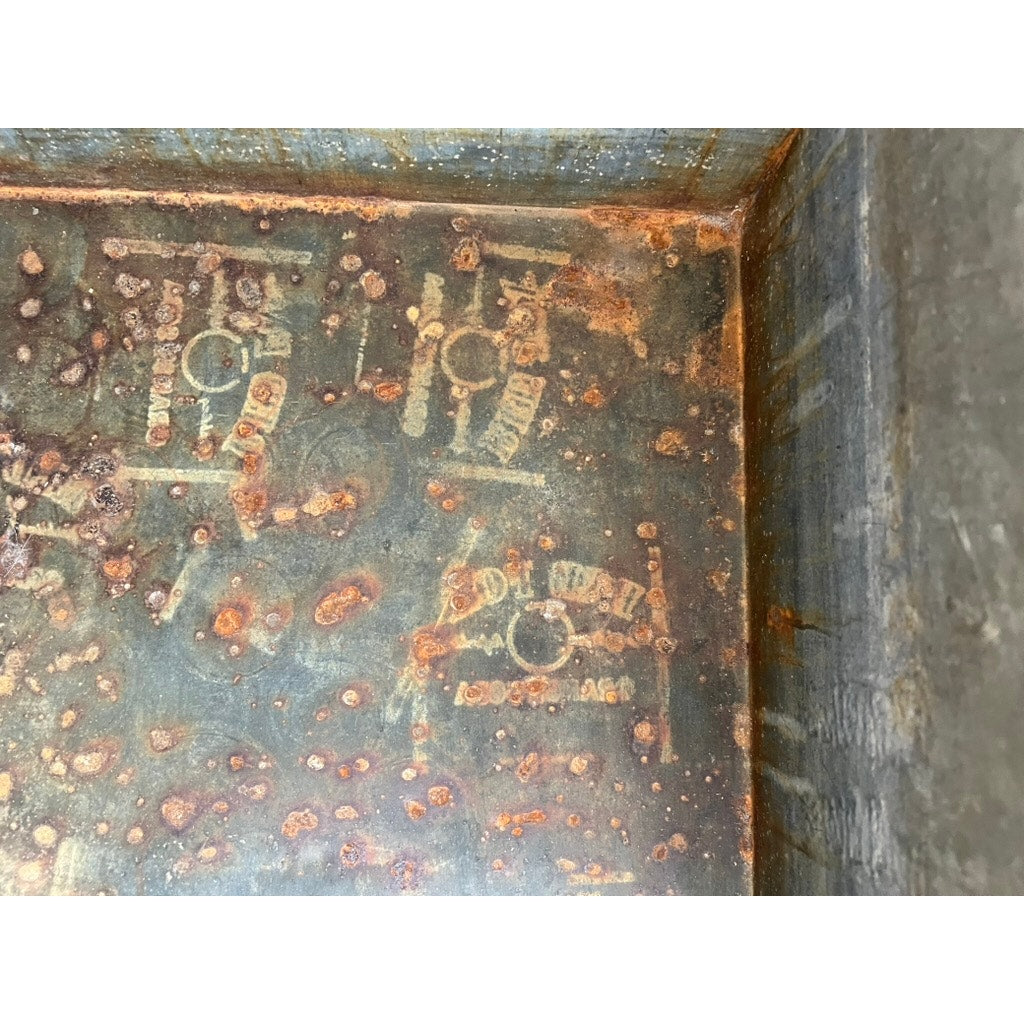Close-up of the Antique Tin Lined Pine General Store Red Fox Ginger Ale of Rhode Island Cooler c. 1930, showing its rusted metal surface and worn white Red Fox branding—a testament to early 20th-century general store heritage.