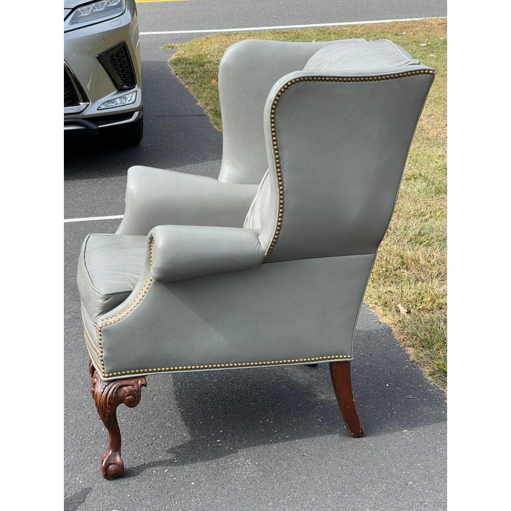 Vintage Grey Leather Chippendale Style Wingback Chair by Fairington