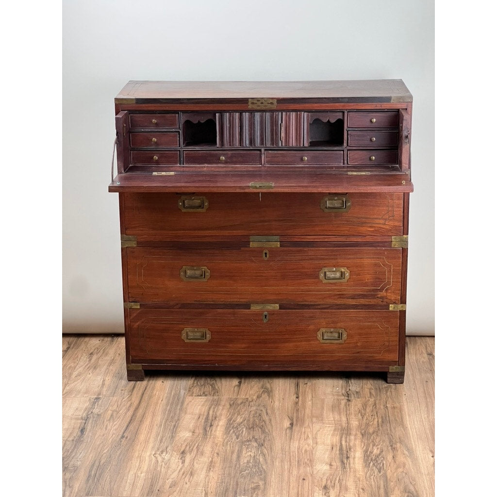 Antique English Teak Campaign Secretary with Brass Inlay and Banding Campaign Secretary c. Mid 19th Century