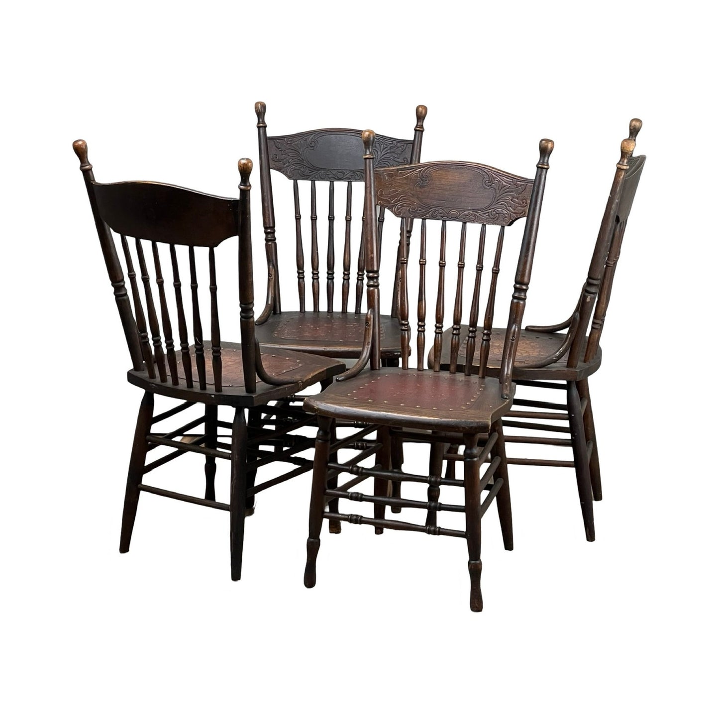 Antique Set of Four Press Back Chestnut Dining Chairs c. 1900