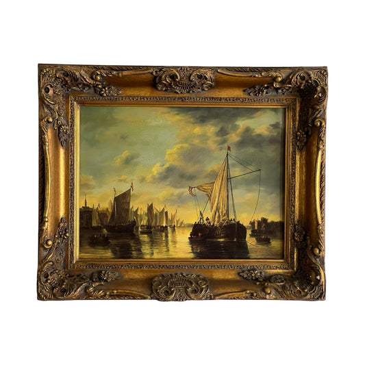 Vintage Oil on Board of French Harbor Scene Signed Fandent