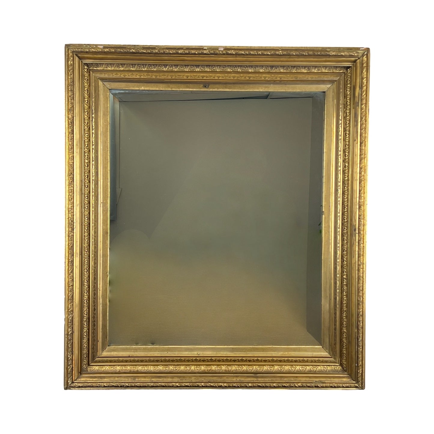 Fine Antique 19th Century Gilt Wood Mirror, 39 x 34, with an ornate gold frame featuring decorative edge details, shown against a plain white background. Brand: Unknown.