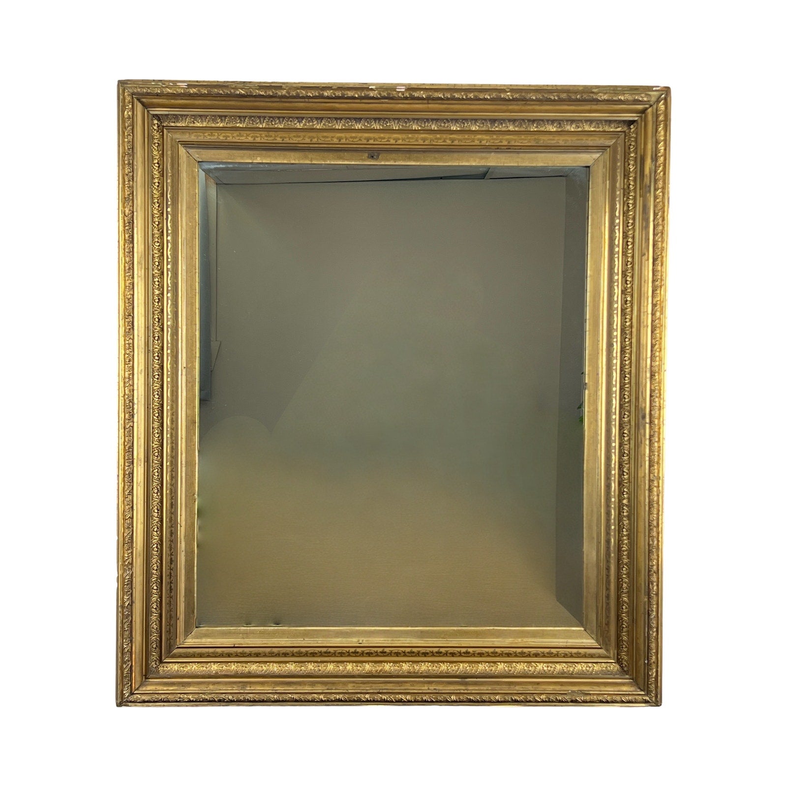 Fine Antique 19th Century Gilt Wood Mirror, 39 x 34, with an ornate gold frame featuring decorative edge details, shown against a plain white background. Brand: Unknown.