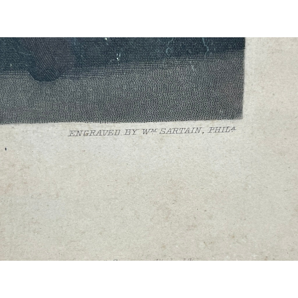 Close-up of text on aged paper reading ENGRAVED BY Wm SARTAIN, PHILA. beneath the edge of a detailed printed image, likely from the antique “Washington and His Family” engraving published by Bradley & Co., Philadelphia, 1858, and attributed to William Sartain.