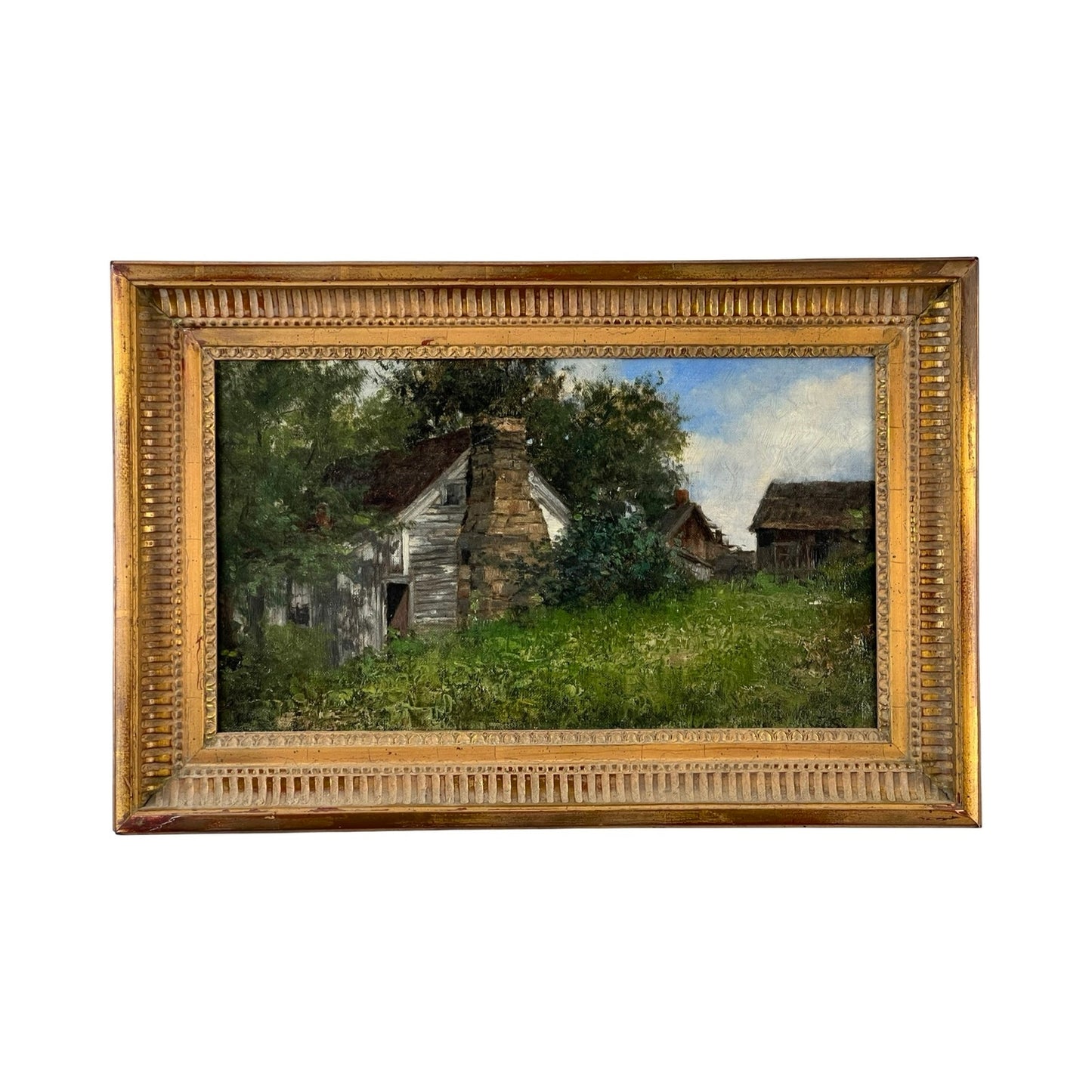 The Antique American School Farmstead Landscape Oil Painting, Circa 1900, features a rural homestead with a stone chimney amid greenery beneath a blue sky, set in an ornate gold frame that enhances its vintage charm.