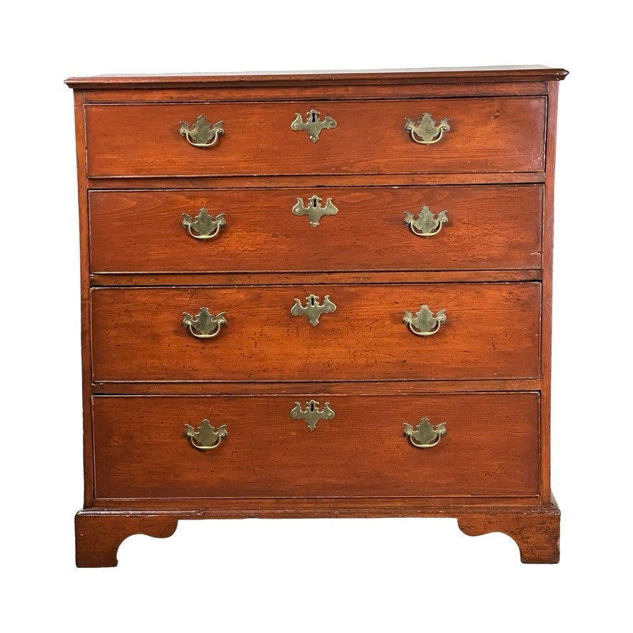 An Antique Chippendale Pine Graduated Four Drawer Chest, c. late 18th century, attributed to a Northampton MA maker. Features four drawers with brass handles and keyholes, bracket feet, and classic American design. Brand: None/Unknown.