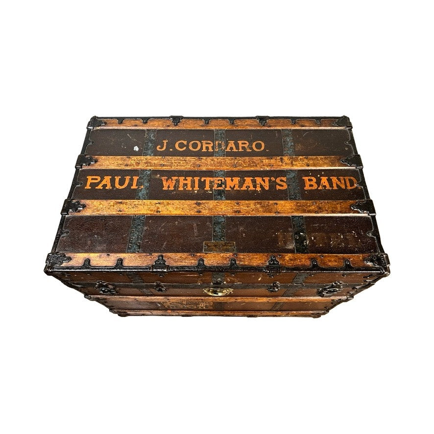 A vintage CA Taylor touring trunk, c. 1930s, owned by John B. Cordaro—reed player in the Paul Whiteman Orchestra—a unique piece of big band history.
