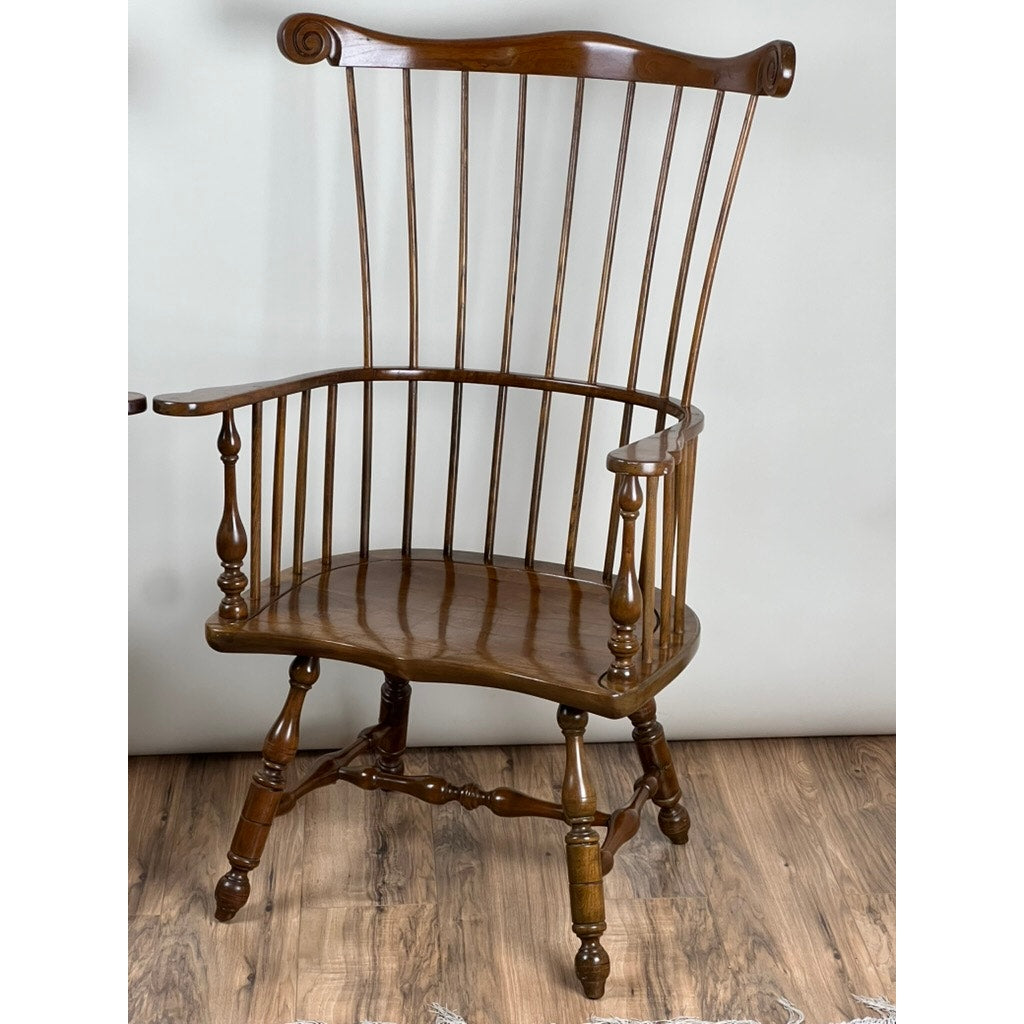 Vintage Stickley Windsor chairs with saddle seats showing light scratches