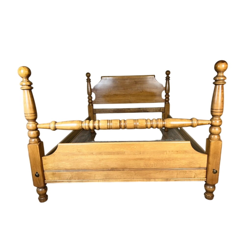 Vintage Rock Maple Cannonball Queen Size Bed frame featuring tall, rounded posts and a carved headboard in an American Colonial Revival style.