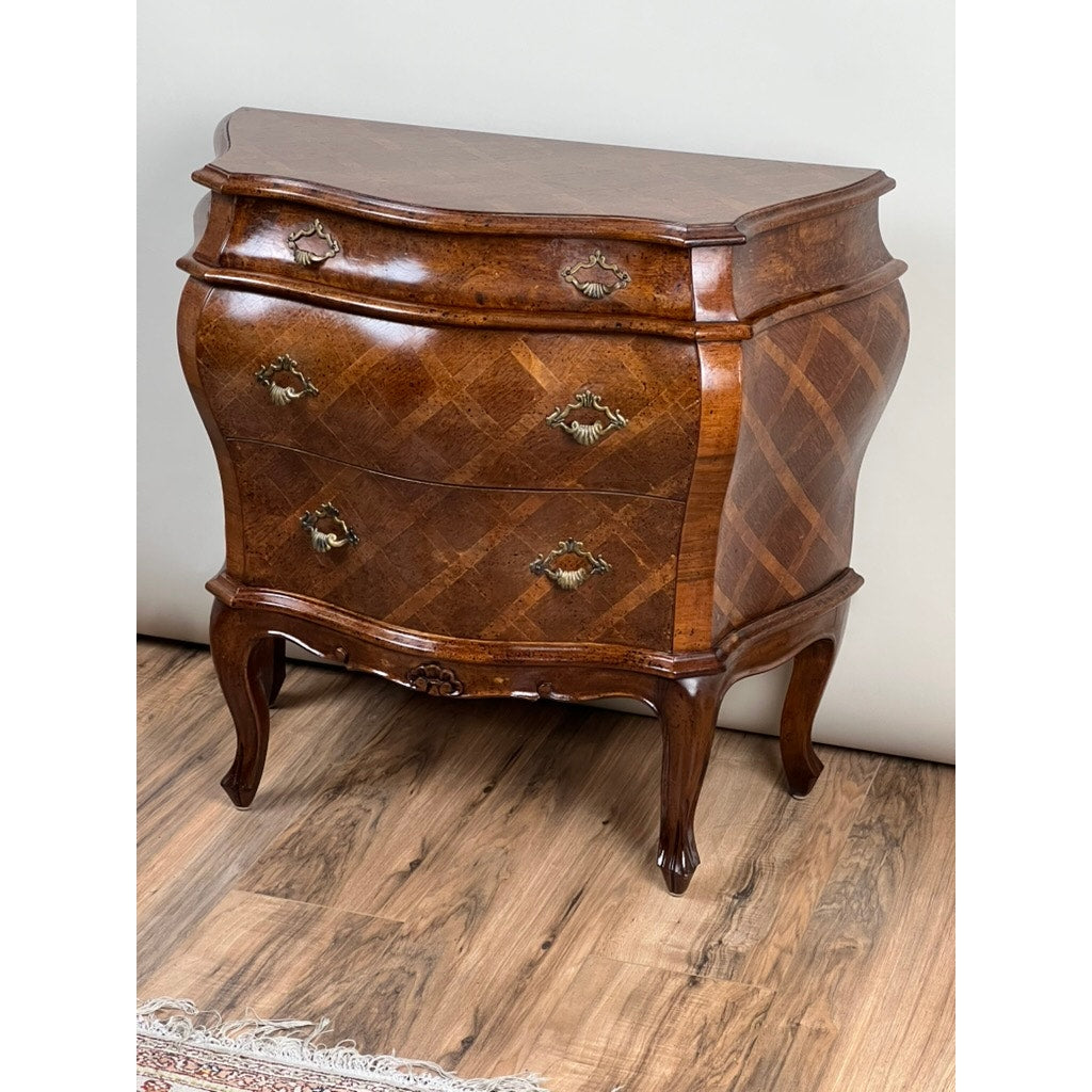 Vintage French Louis XVI Style Walnut Parquet Bombe Chest