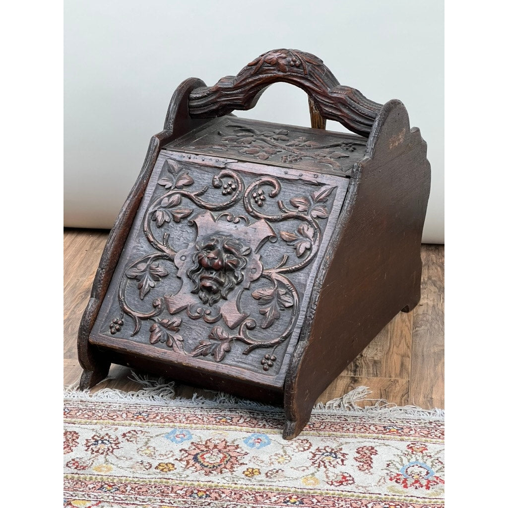 Antique Carved English Oak Coal Scuttle with Liner and Shovel c. 1820