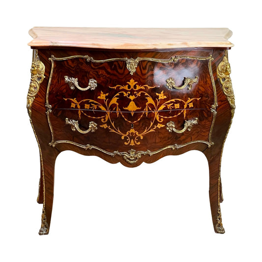 Vintage Louis XV Style Ormolu Mounted Rosewood and Pink Marble Commode