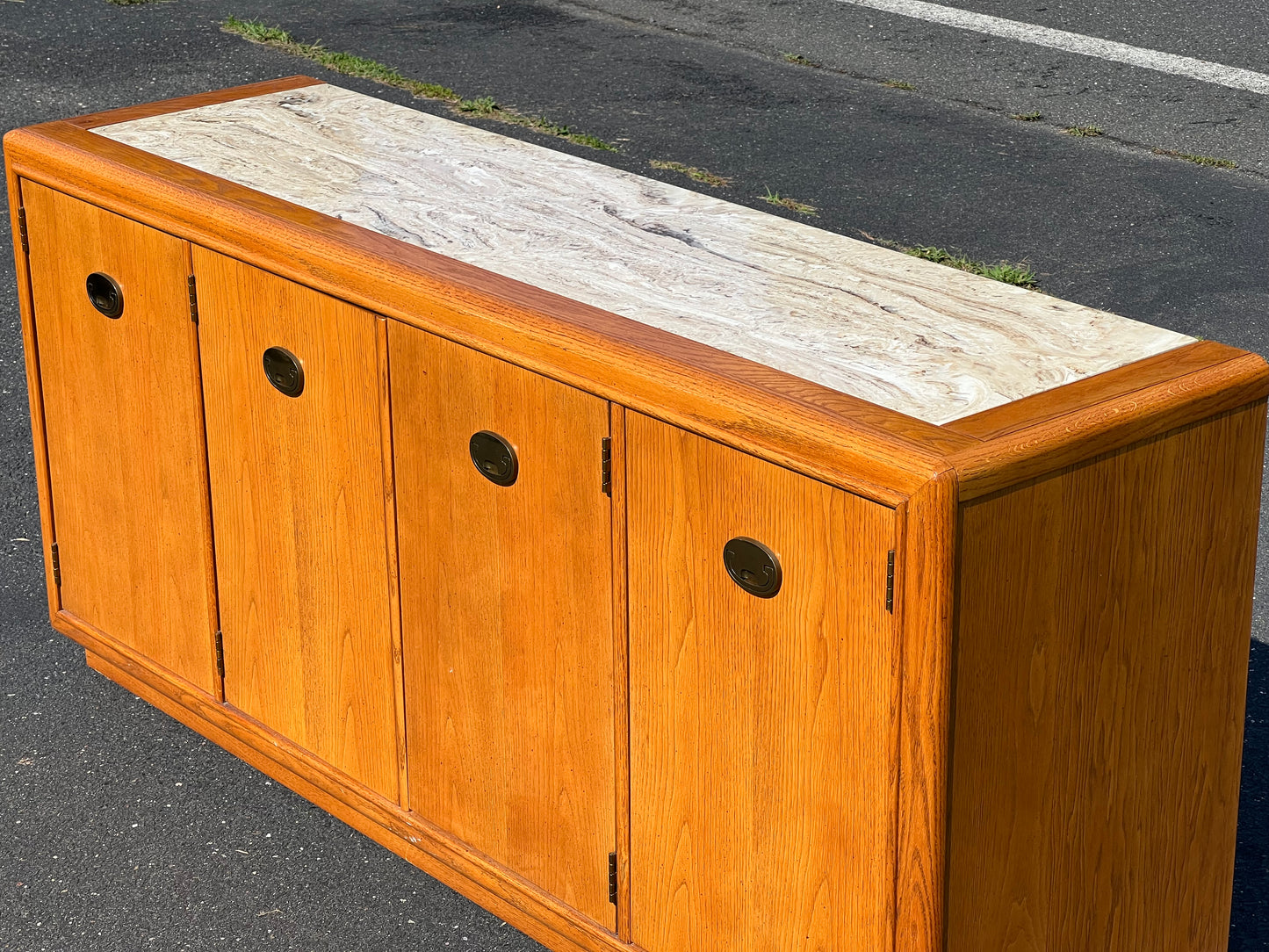 Vintage Marble Top Oak Buffet by Stanley Furniture