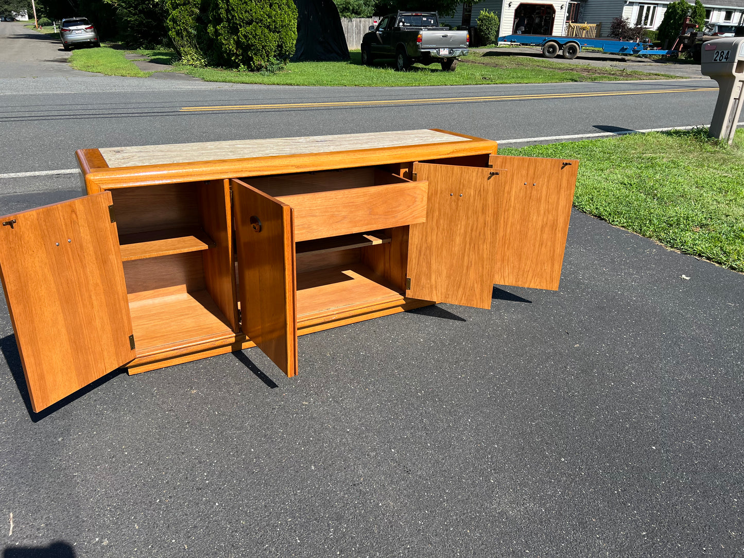 Vintage Marble Top Oak Buffet by Stanley Furniture