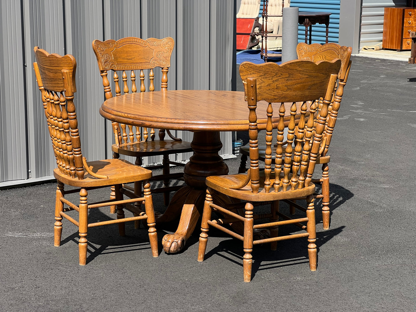 Vintage Oak Dining Set with Paw Foot Table and Press Back Chairs by Virginia House