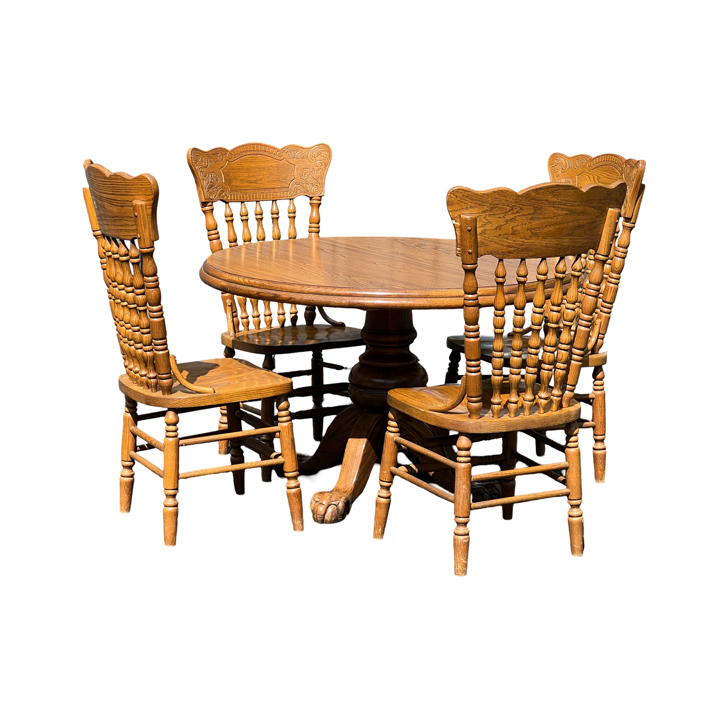 Vintage Oak Dining Set with Paw Foot Table and Press Back Chairs by Virginia House