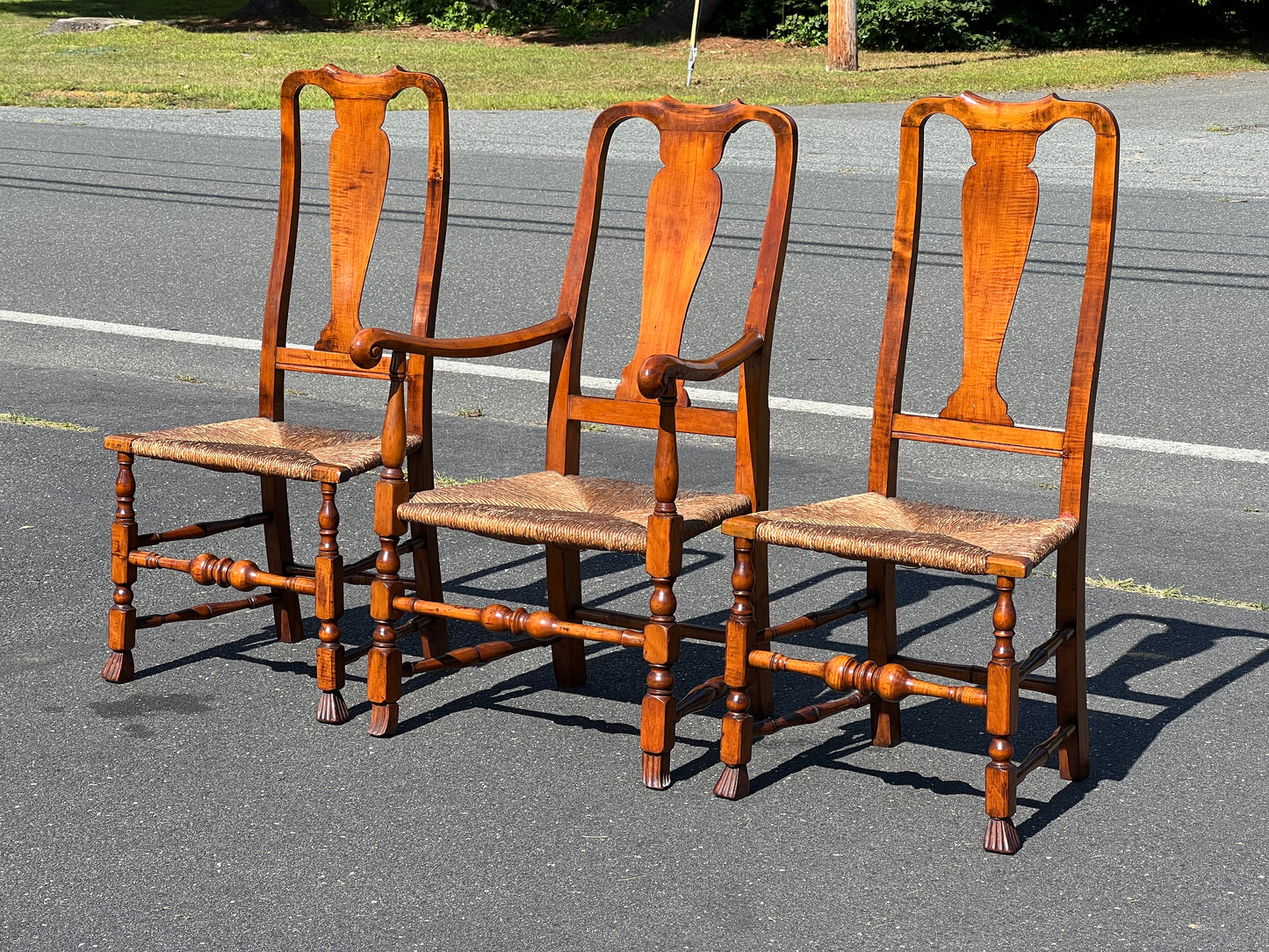 Set of Three Antique 19th Century Queen Anne Curly Maple Dining Chairs