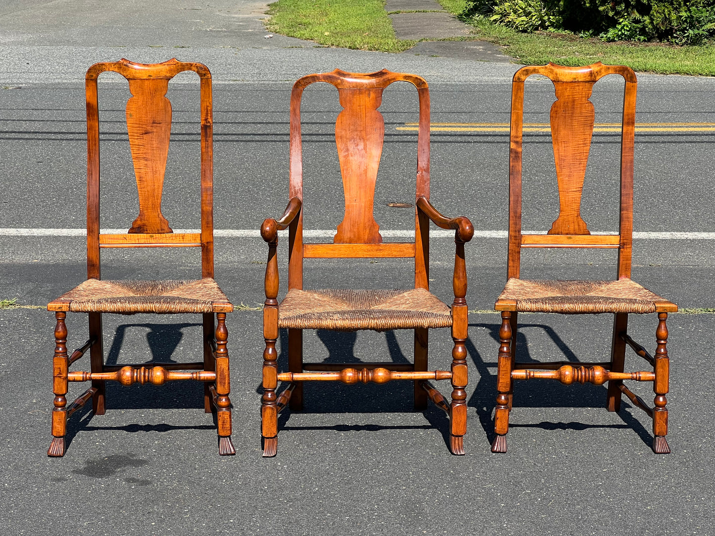 Set of Three Antique 19th Century Queen Anne Curly Maple Dining Chairs