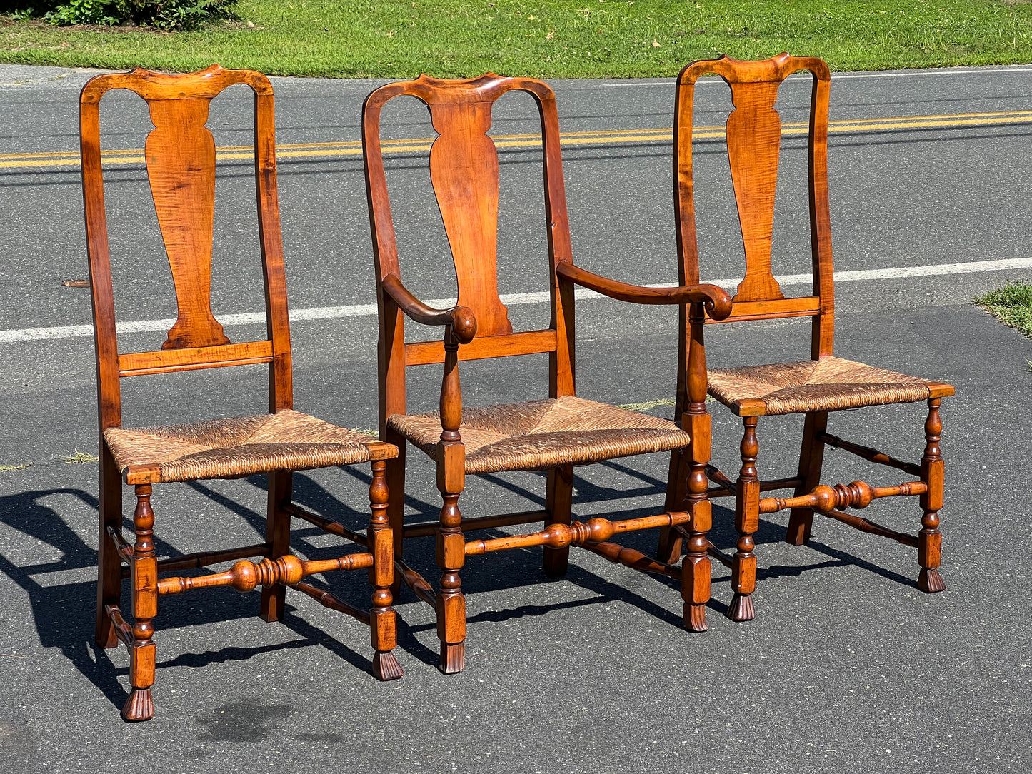 Set of Three Antique 19th Century Queen Anne Curly Maple Dining Chairs