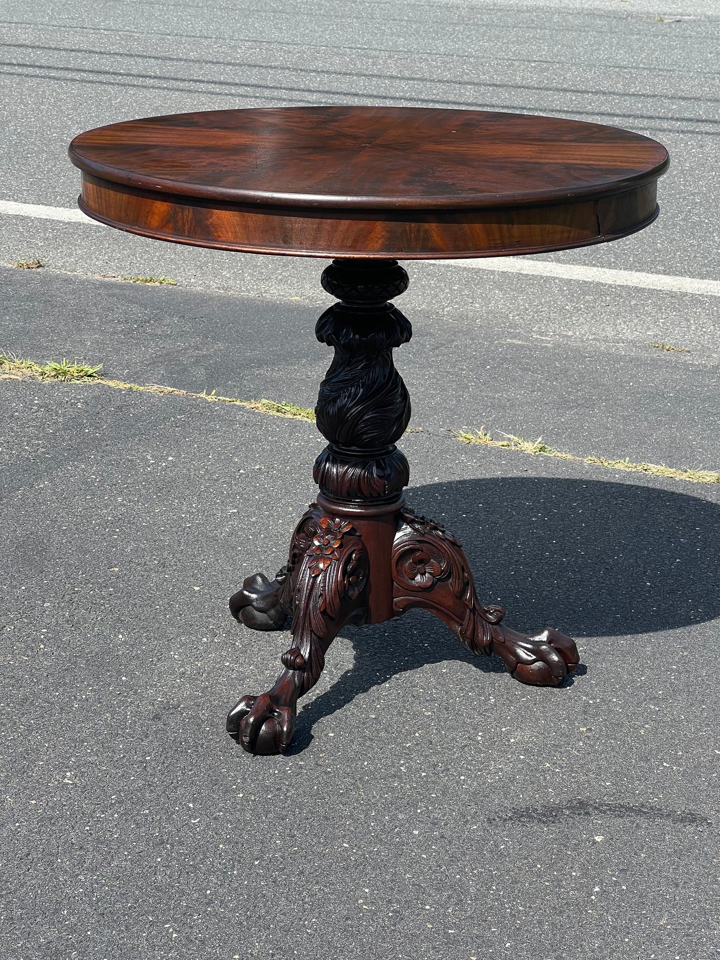 Antique Chippendale Flame Mahogany Tilt Top Table with Great Carved Pedestal