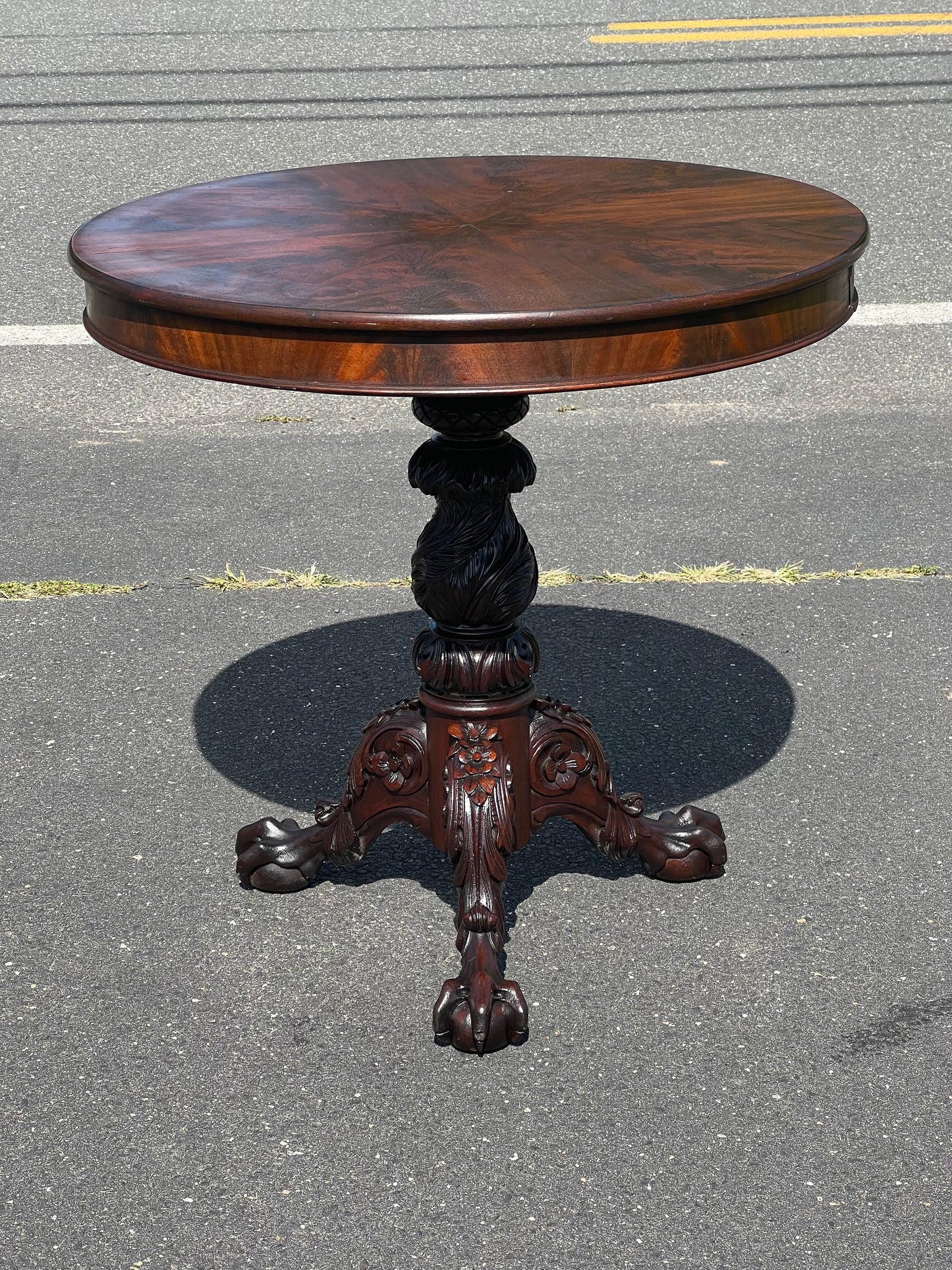 Antique Chippendale Flame Mahogany Tilt Top Table with Great Carved Pedestal