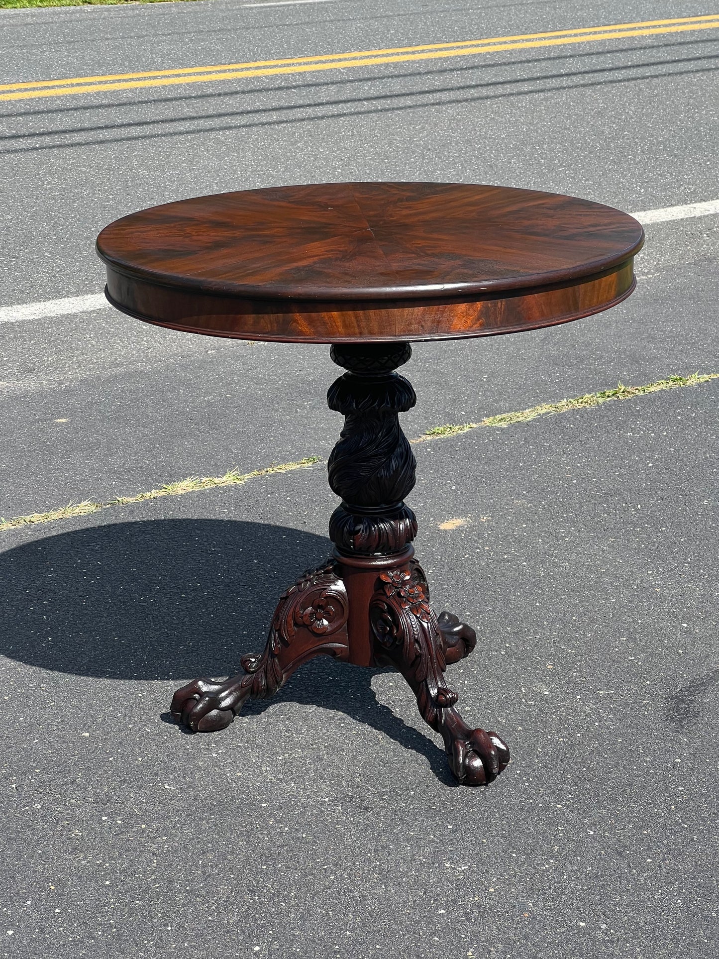 Antique Chippendale Flame Mahogany Tilt Top Table with Great Carved Pedestal