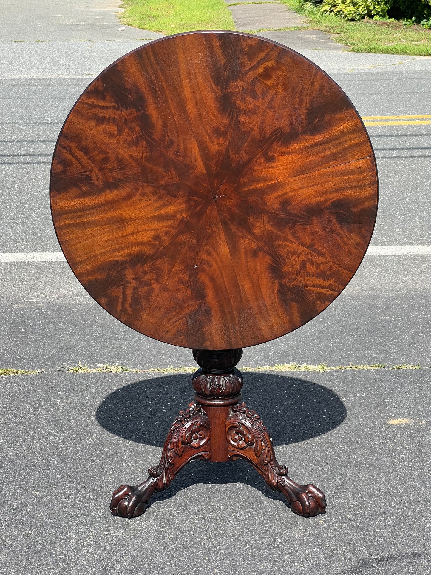 Antique Chippendale Flame Mahogany Tilt Top Table with Great Carved Pedestal